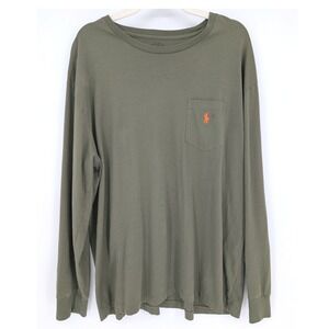 Polo Ralph Lauren Long Sleeve T-Shirt Mens XL Olive Green Pocket Orange Pony